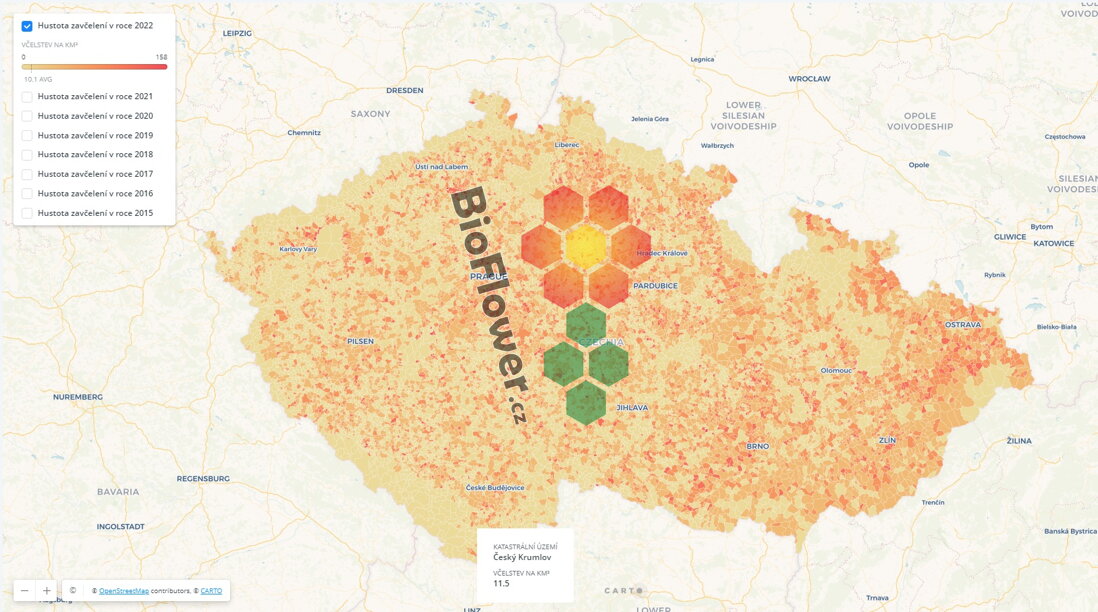 Hustota zavčelení - mapa ČR 