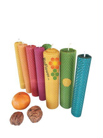 Barevná motaná svíčka ze včelích pláství 3x21cm
